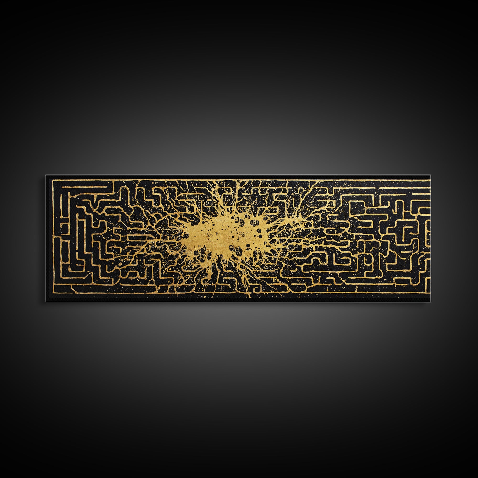 Intricate Labyrinth Pattern Artwork, Mythological Maze Wall Decor, Gold Canvas Print, Real Wood Frame