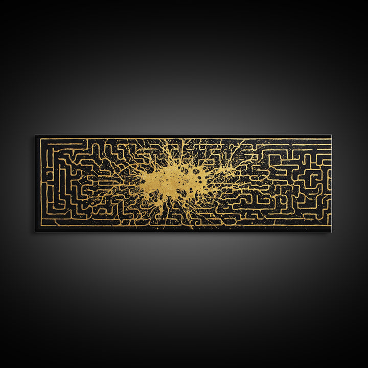 Intricate Labyrinth Pattern Artwork, Mythological Maze Wall Decor, Gold Canvas Print, Real Wood Frame