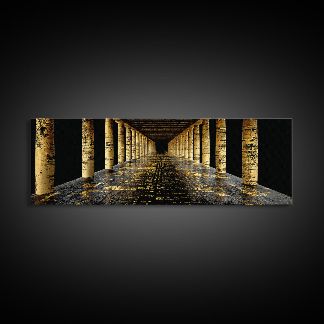 Endless Golden Pillars Corridor, Ancient Greek Architecture Gold Canvas Print, Mythology Wall Art, Real Wood Frame