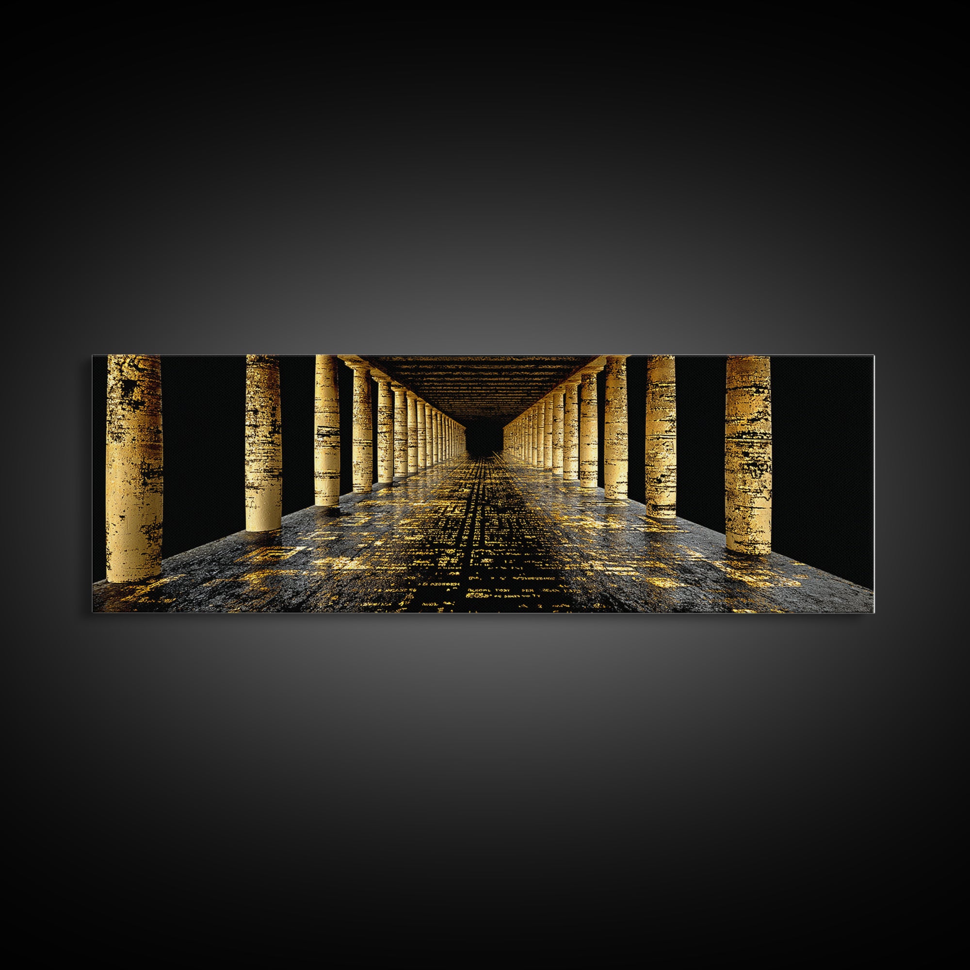 Endless Golden Pillars Corridor, Ancient Greek Architecture Gold Canvas Print, Mythology Wall Art, Real Wood Frame