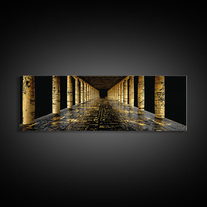 Endless Golden Pillars Corridor, Ancient Greek Architecture Gold Canvas Print, Mythology Wall Art, Real Wood Frame