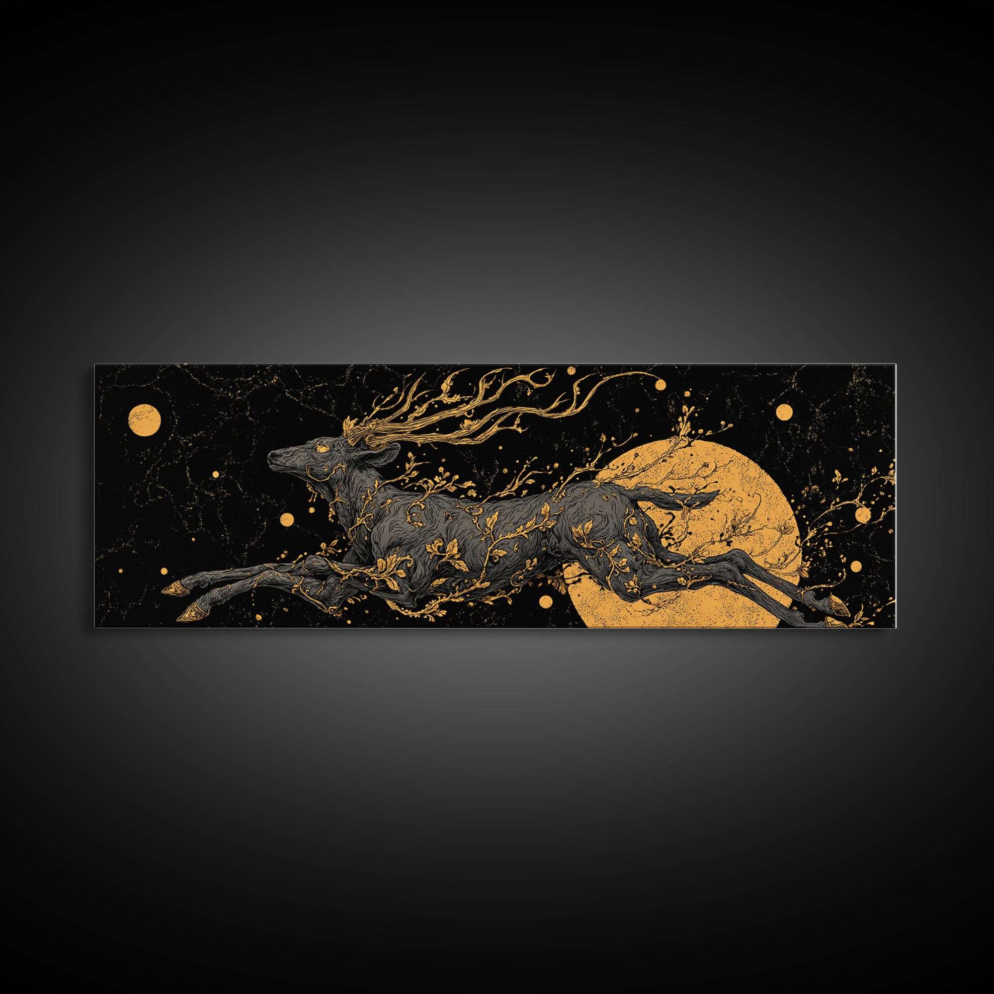 Mythical Stag Running Through Stars, Celestial Deer Artwork, Gold Canvas Print, Real Wood Frame Mythology Art
