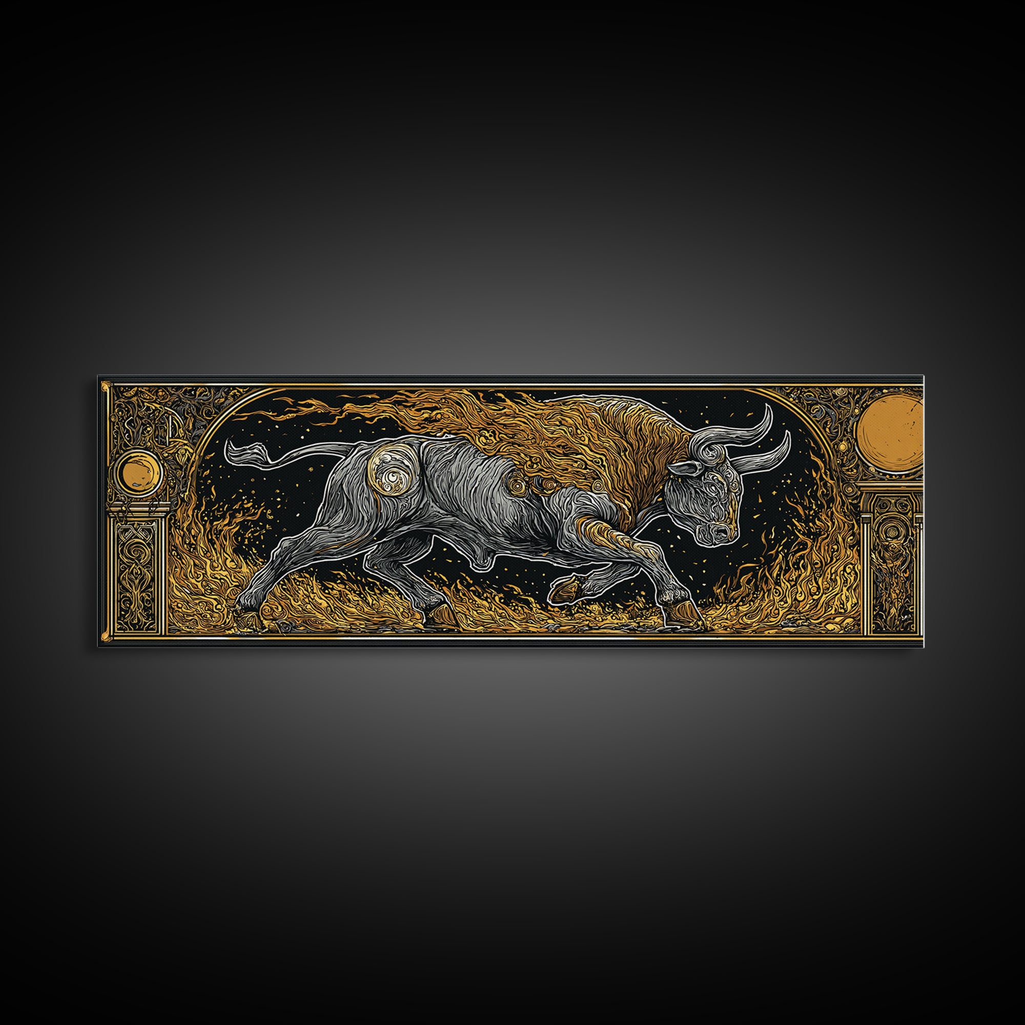 Fiery Bull Of Mythology, Charging Beast Symbol Of Strength, Gold Canvas Print, Real Wood Frame Wall Artwork