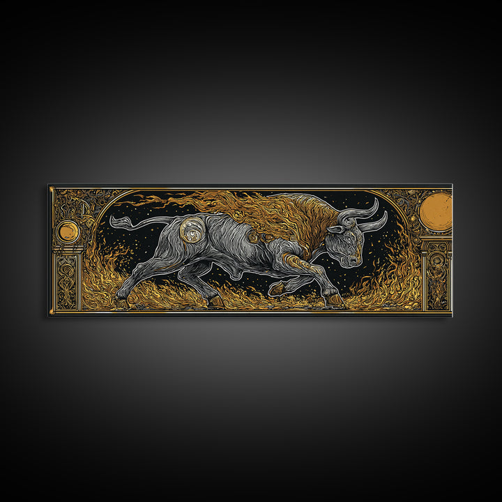 Fiery Bull Of Mythology, Charging Beast Symbol Of Strength, Gold Canvas Print, Real Wood Frame Wall Artwork