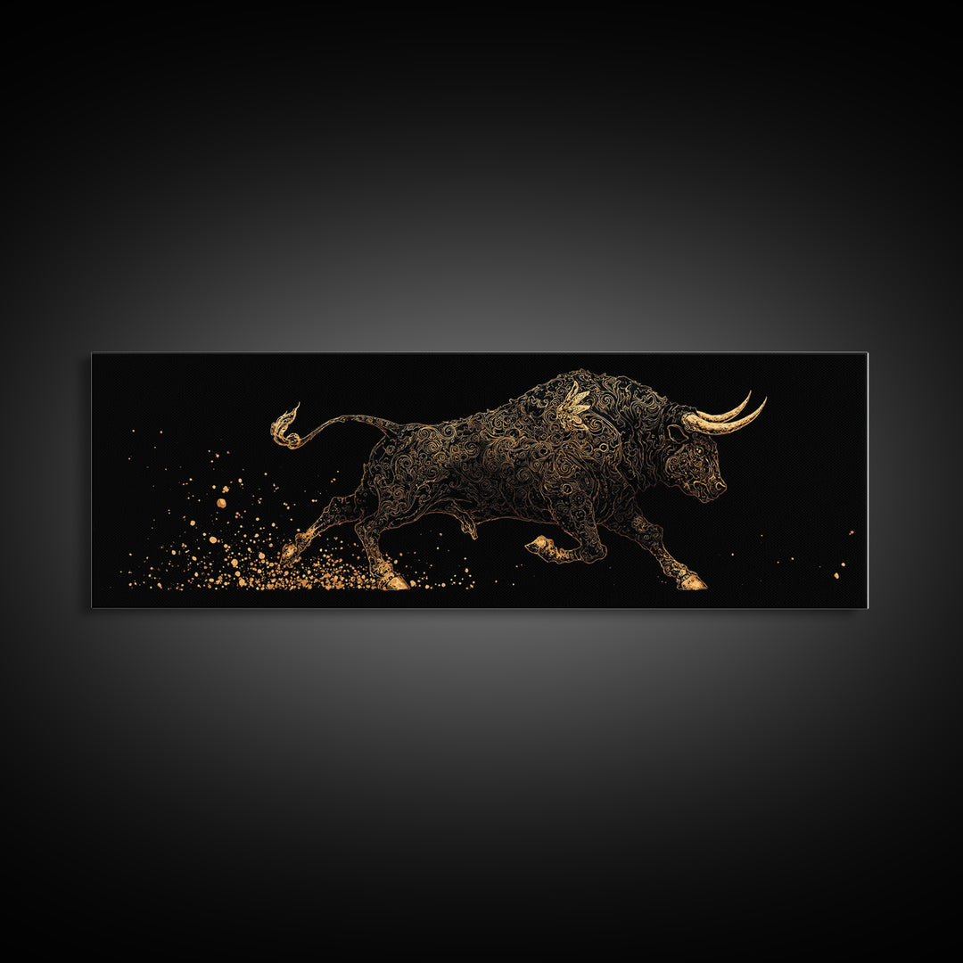 Ornamental Bull In Motion, Intricate Mythological Strength Symbol, Gold Canvas Print, Real Wood Frame Wall Art