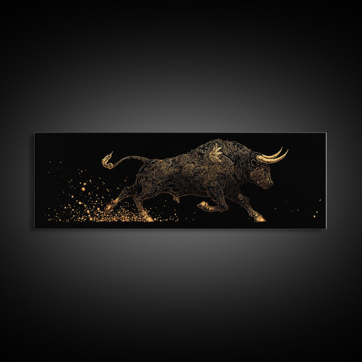 Ornamental Bull In Motion, Intricate Mythological Strength Symbol, Gold Canvas Print, Real Wood Frame Wall Art