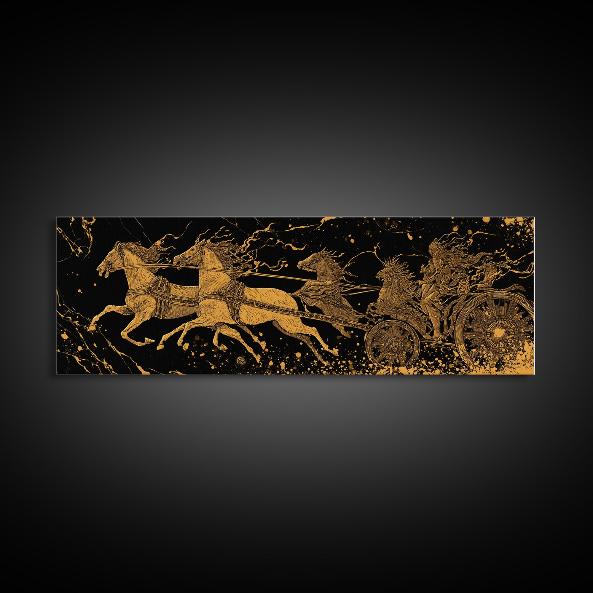 Ancient Chariot Battle Scene, Mythical Horses And Warrior Artwork, Gold Canvas Print, Real Wood Frame Wall Decor