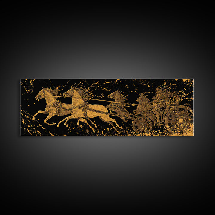 Ancient Chariot Battle Scene, Mythical Horses And Warrior Artwork, Gold Canvas Print, Real Wood Frame Wall Decor