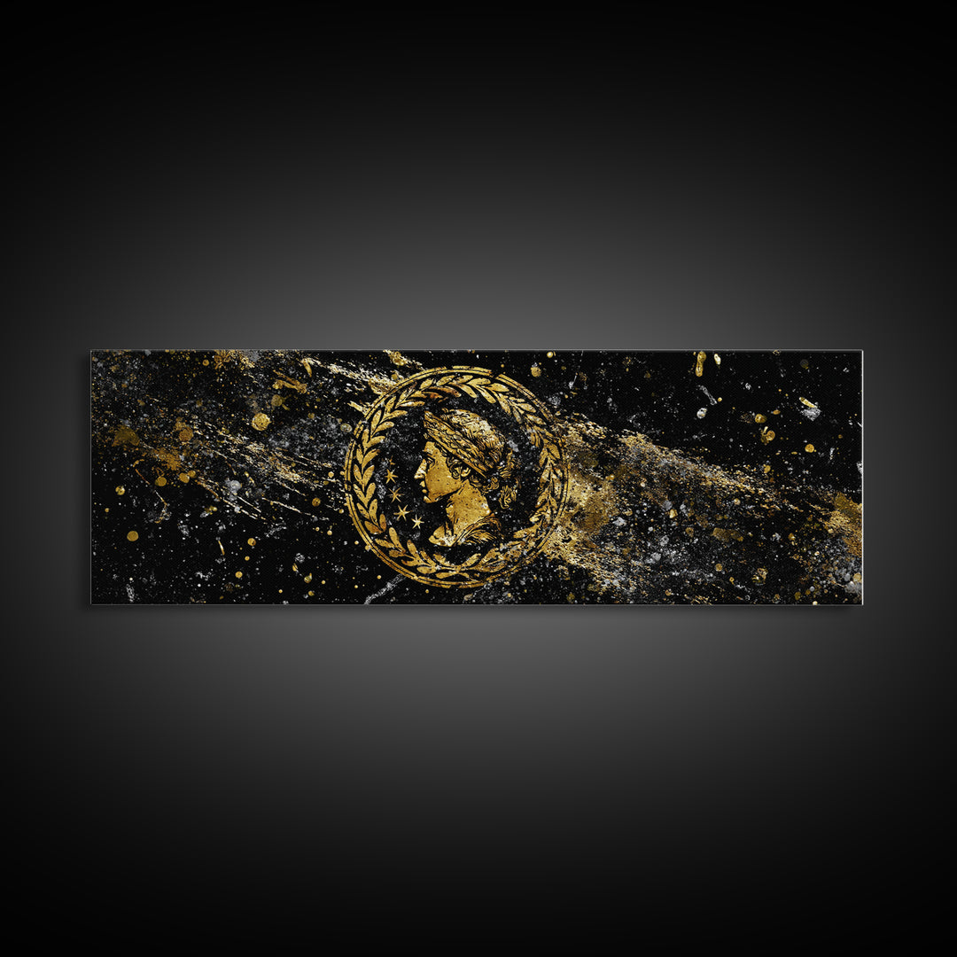 Roman Coin Inspired Portrait, Classical Ancient Empire Wall Artwork, Gold Canvas Print, Real Wood Frame Art