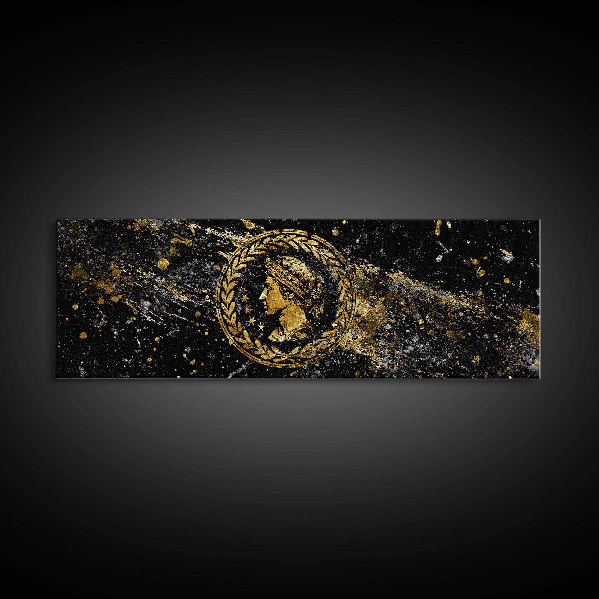 Roman Coin Inspired Portrait, Classical Ancient Empire Wall Artwork, Gold Canvas Print, Real Wood Frame Art