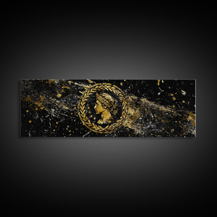 Roman Coin Inspired Portrait, Classical Ancient Empire Wall Artwork, Gold Canvas Print, Real Wood Frame Art