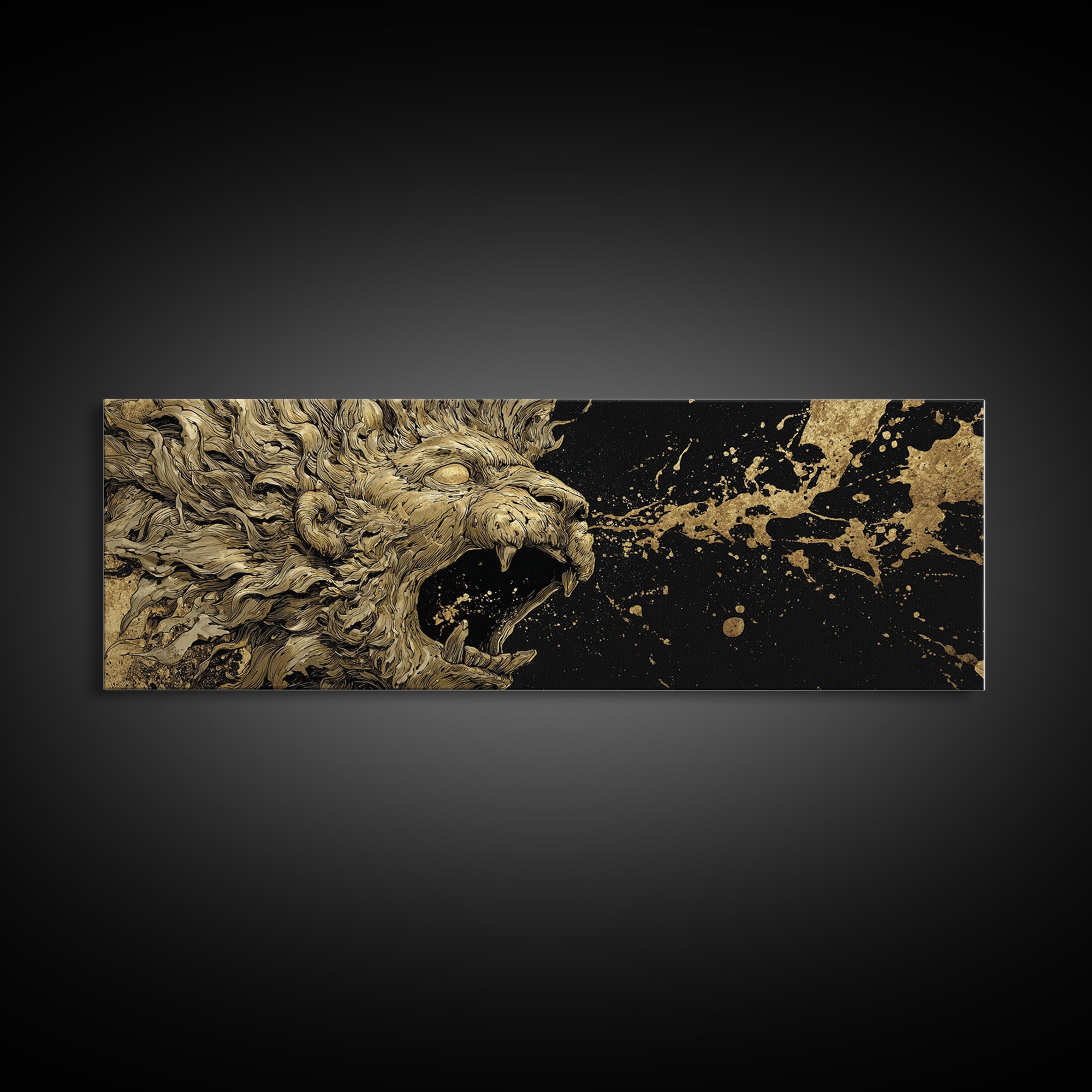 Roaring Lion Of Mythology, Fierce King Of Beasts Ancient Artwork, Gold Canvas Print, Real Wood Frame Wall Decor
