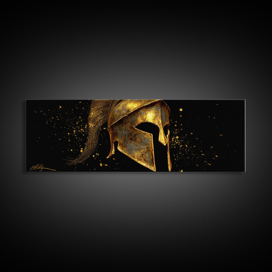 Spartan Warrior Helmet, Ancient Greek Armor Mythological Artwork, Gold Canvas Print, Real Wood Frame Wall Art