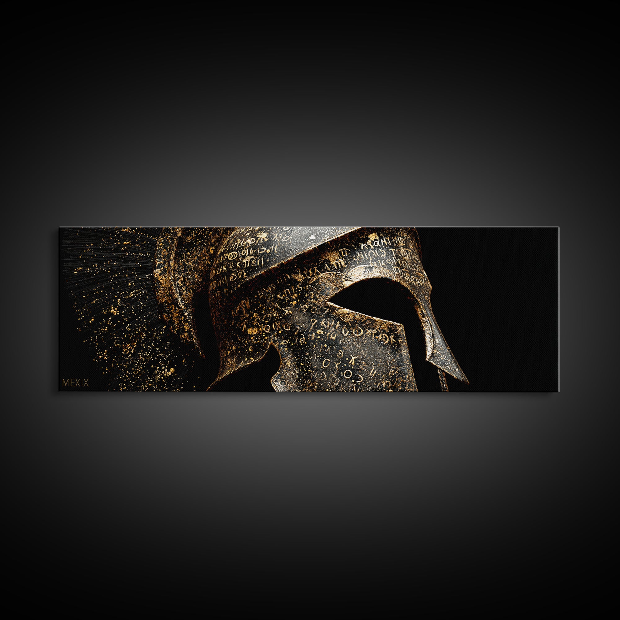 Spartan Helmet Close Up, Ancient Greek Warrior Armor Wall Decor, Gold Canvas Print, Real Wood Frame