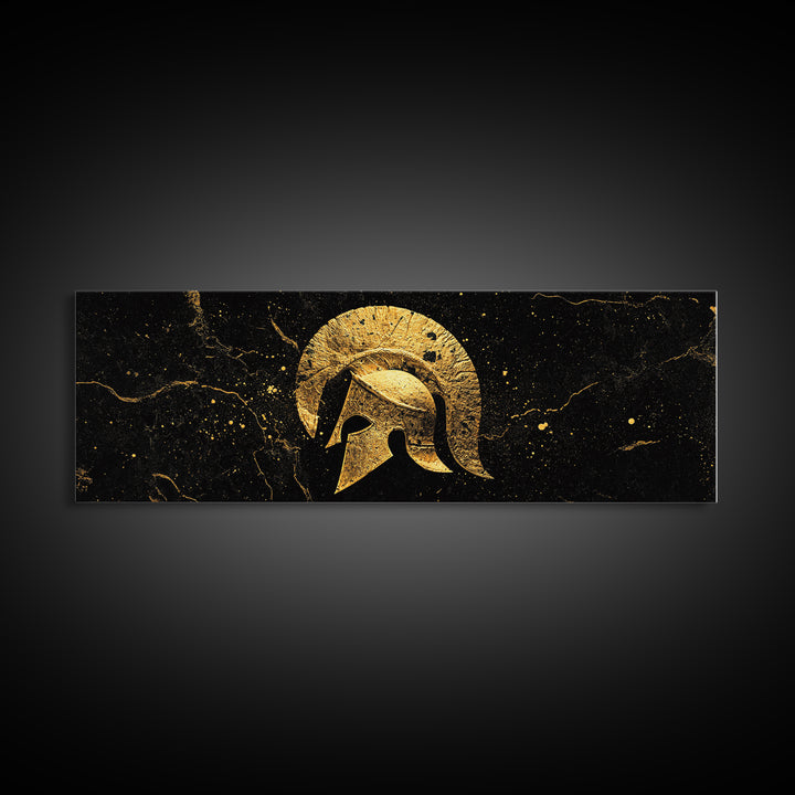 Greek Hoplite Helmet, Ancient Warrior Armor Symbol Wall Artwork, Gold Canvas Print, Real Wood Frame Wall Decor