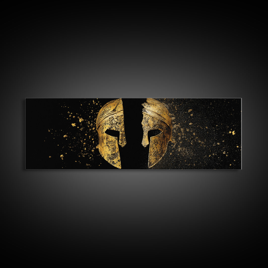 Ancient Spartan Helmet Split Design, Warrior Armor Mythology Artwork, Gold Canvas Print, Real Wood Frame Wall Decor