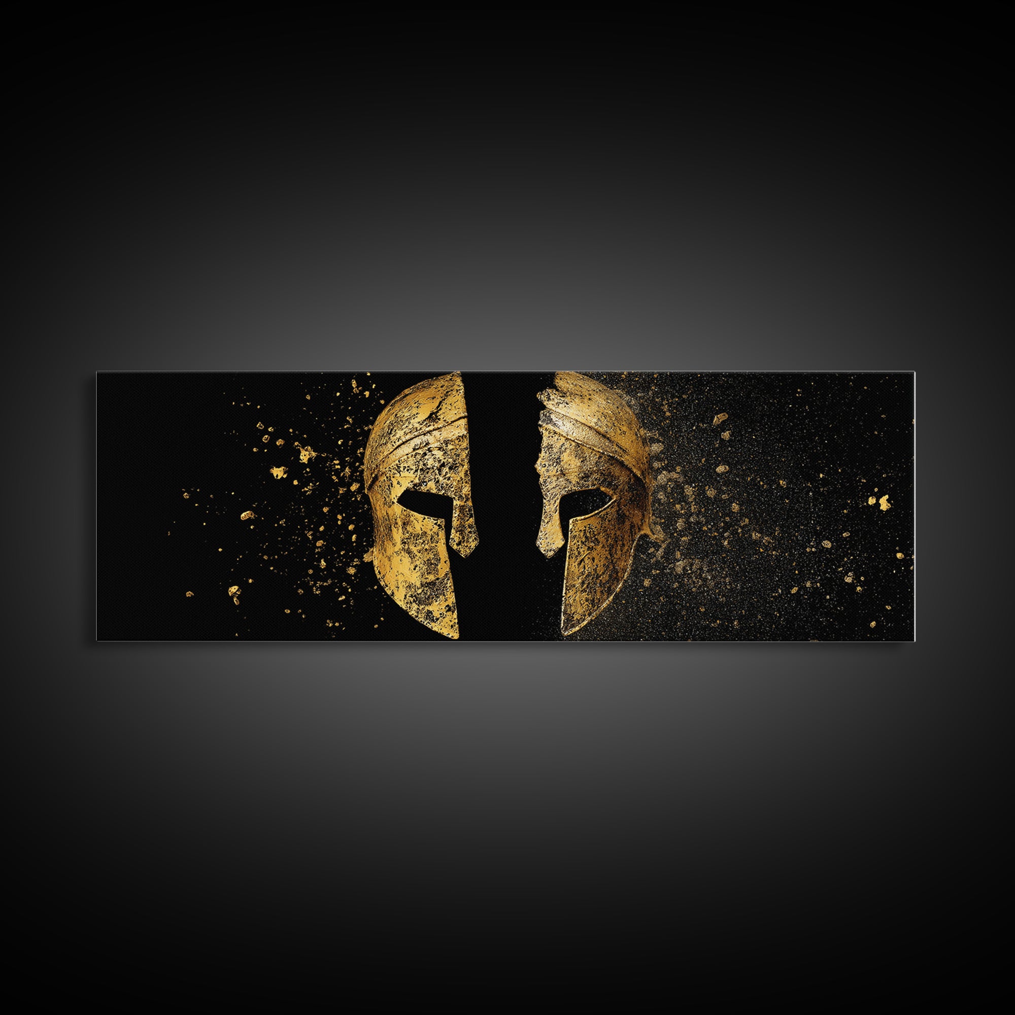 Ancient Spartan Helmet Split Design, Warrior Armor Mythology Artwork, Gold Canvas Print, Real Wood Frame Wall Decor