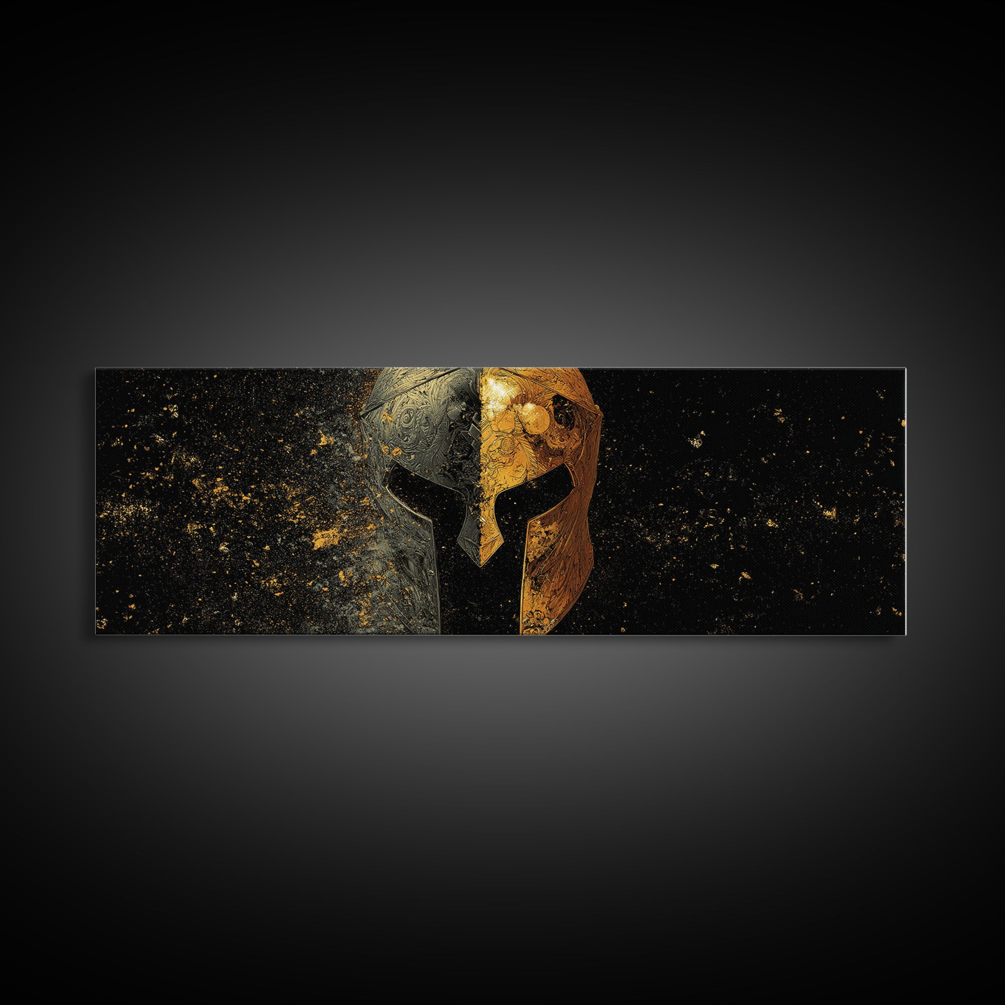 Half Face Spartan Helmet, Ornate Warrior Armor Greek Mythology Artwork, Gold Canvas Print, Real Wood Frame Wall Art