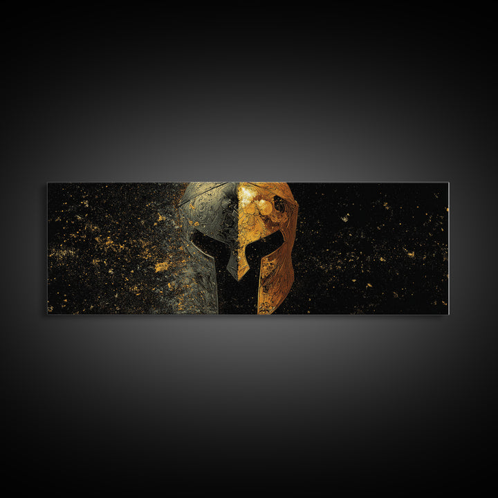 Half Face Spartan Helmet, Ornate Warrior Armor Greek Mythology Artwork, Gold Canvas Print, Real Wood Frame Wall Art