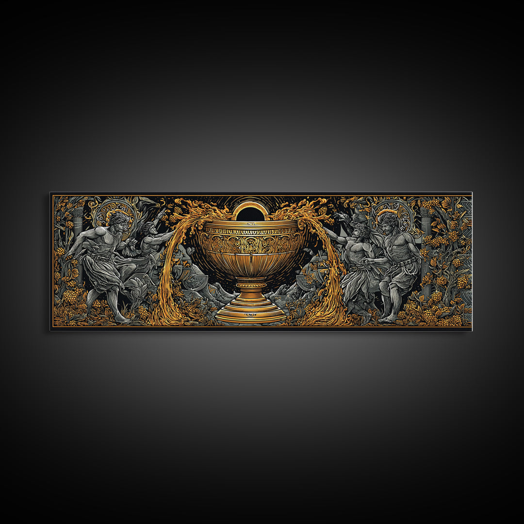 Ancient Chalice Of Gods, Mythological Cup With Figures And Flowing Design, Gold Canvas Print, Real Wood Frame Artwork