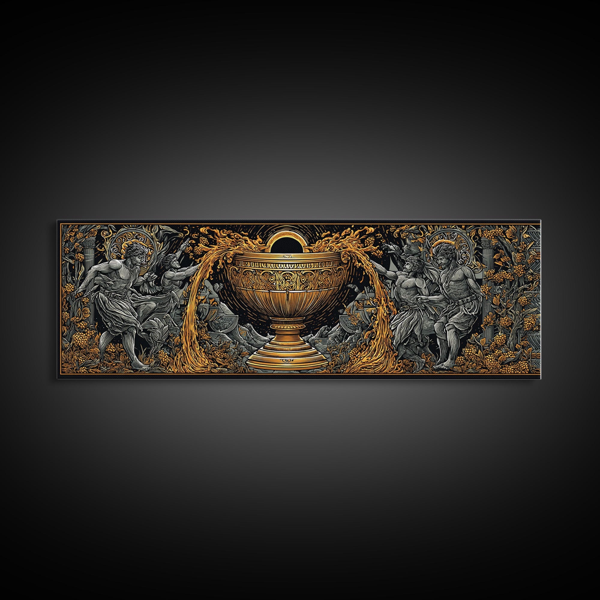 Ancient Chalice Of Gods, Mythological Cup With Figures And Flowing Design, Gold Canvas Print, Real Wood Frame Artwork