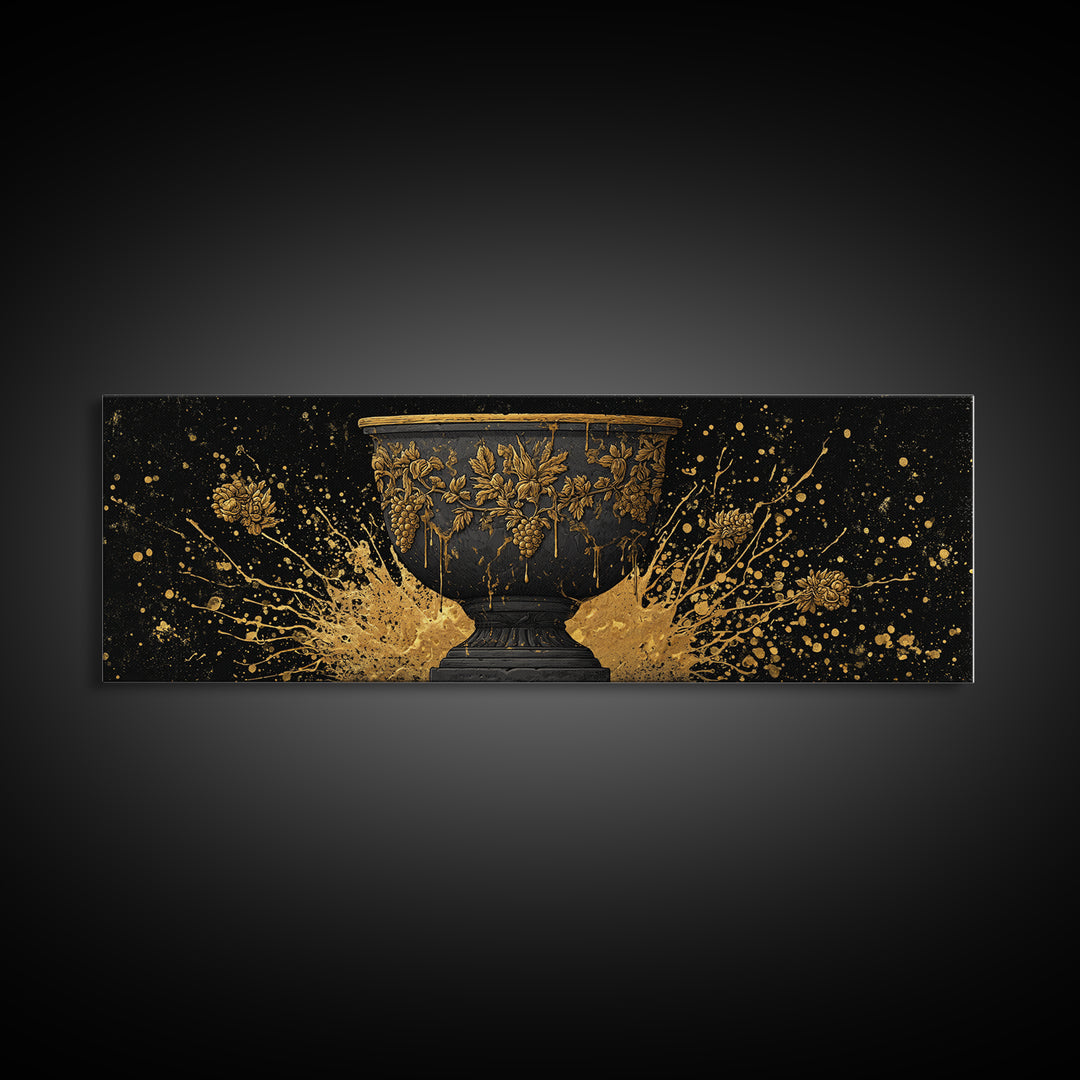 Grapevine Chalice Artwork, Classical Mythological Cup Decorative Wall Design, Gold Canvas Print, Real Wood Frame Wall Art