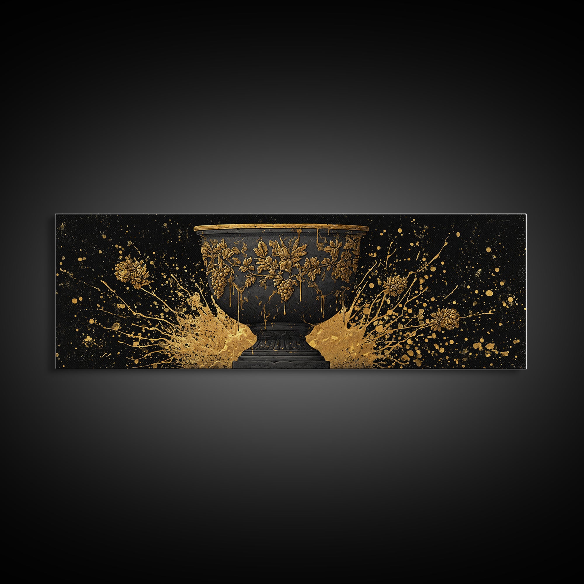 Grapevine Chalice Artwork, Classical Mythological Cup Decorative Wall Design, Gold Canvas Print, Real Wood Frame Wall Art
