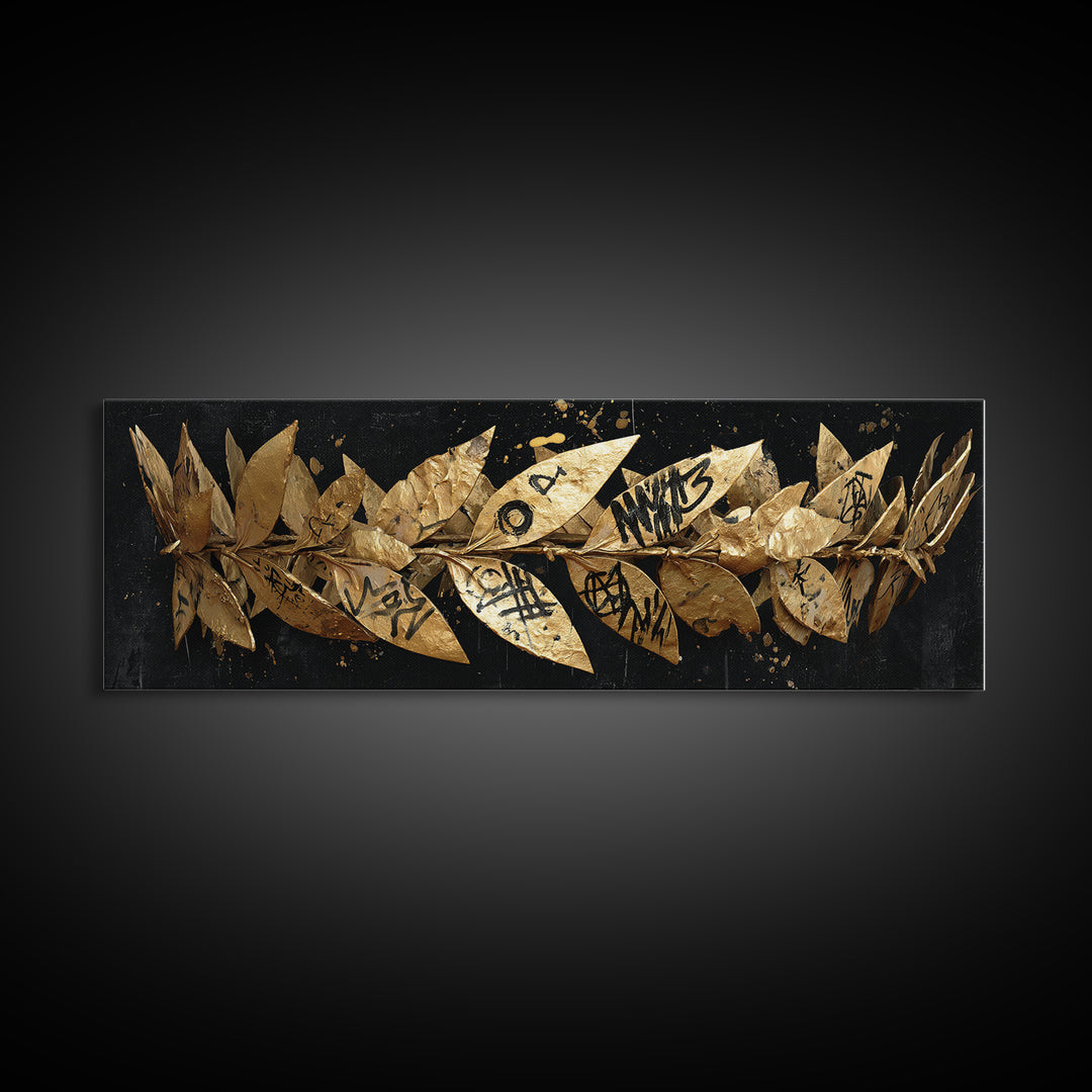 Laurel Wreath Crown, Ancient Greek Symbol Of Victory Decorative Wall Artwork, Gold Canvas Print, Real Wood Frame Decor