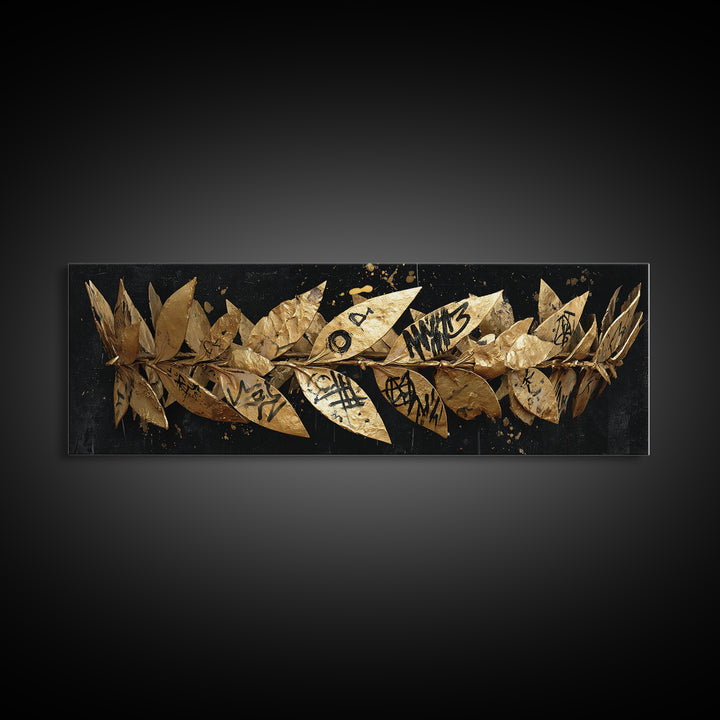 Laurel Wreath Crown, Ancient Greek Symbol Of Victory Decorative Wall Artwork, Gold Canvas Print, Real Wood Frame Decor