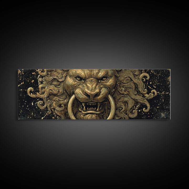 Roaring Lion Head, Fierce Mythological Beast Symbol Of Power Wall Artwork, Gold Canvas Print, Real Wood Frame Wall Decor