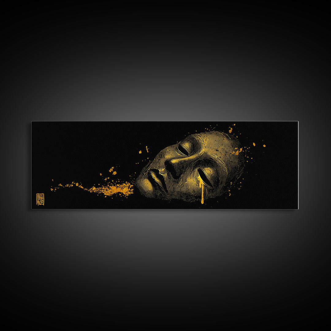 Crying Mask Artwork, Mythological Tragedy Symbol Dramatic Face Wall Design, Gold Canvas Print, Real Wood Frame Wall Art