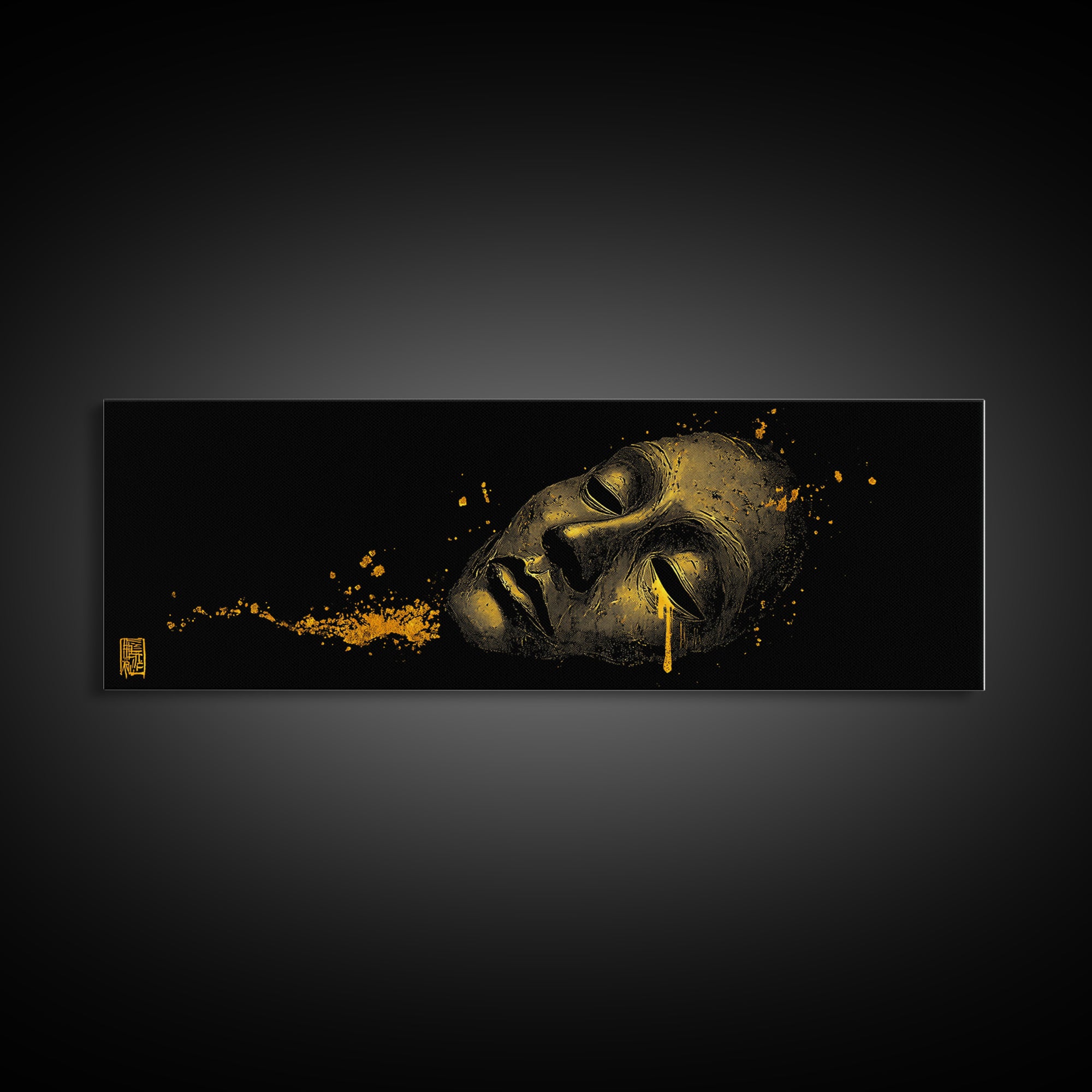 Crying Mask Artwork, Mythological Tragedy Symbol Dramatic Face Wall Design, Gold Canvas Print, Real Wood Frame Wall Art