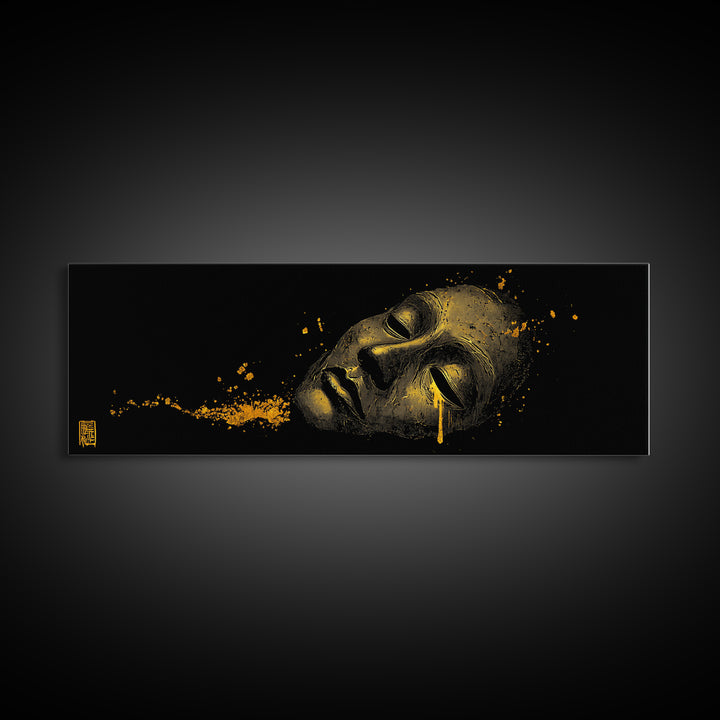 Crying Mask Artwork, Mythological Tragedy Symbol Dramatic Face Wall Design, Gold Canvas Print, Real Wood Frame Wall Art