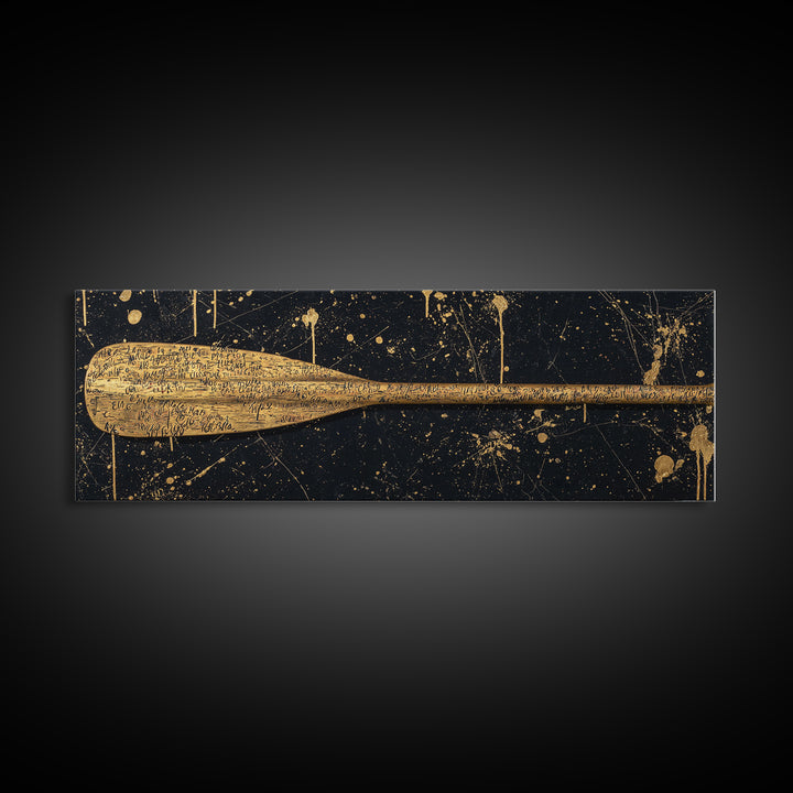 Ancient Oar Artwork, Mythological Paddle With Script Decorative Wall Design, Gold Canvas Print, Real Wood Frame Wall Art
