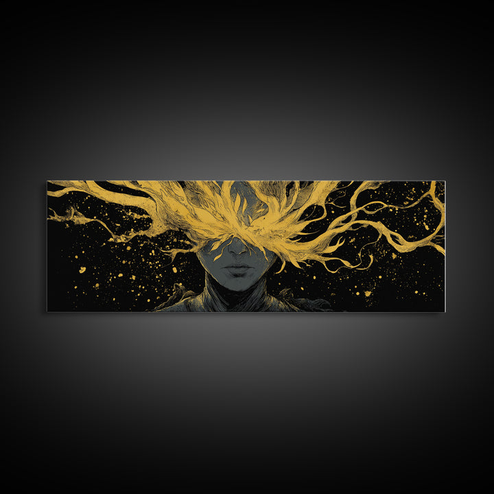 Blinded Mythological Figure, Flowing Fire Vision Symbolic Wall Artwork, Gold Canvas Print, Real Wood Frame Wall Decor