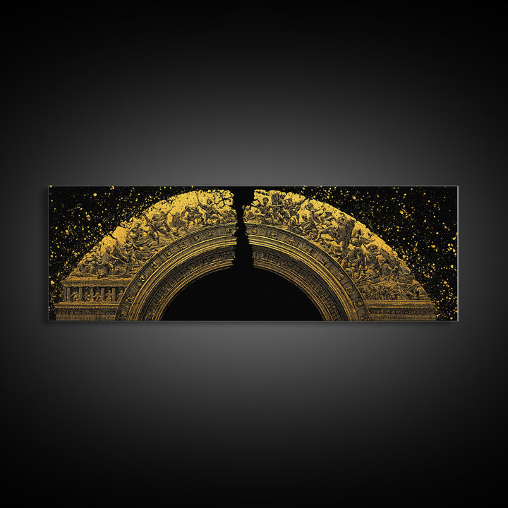Golden Arch Of Mythology, Classical Greek Relief Sculpture Wall Decor, Gold Canvas Print, Real Wood Frame