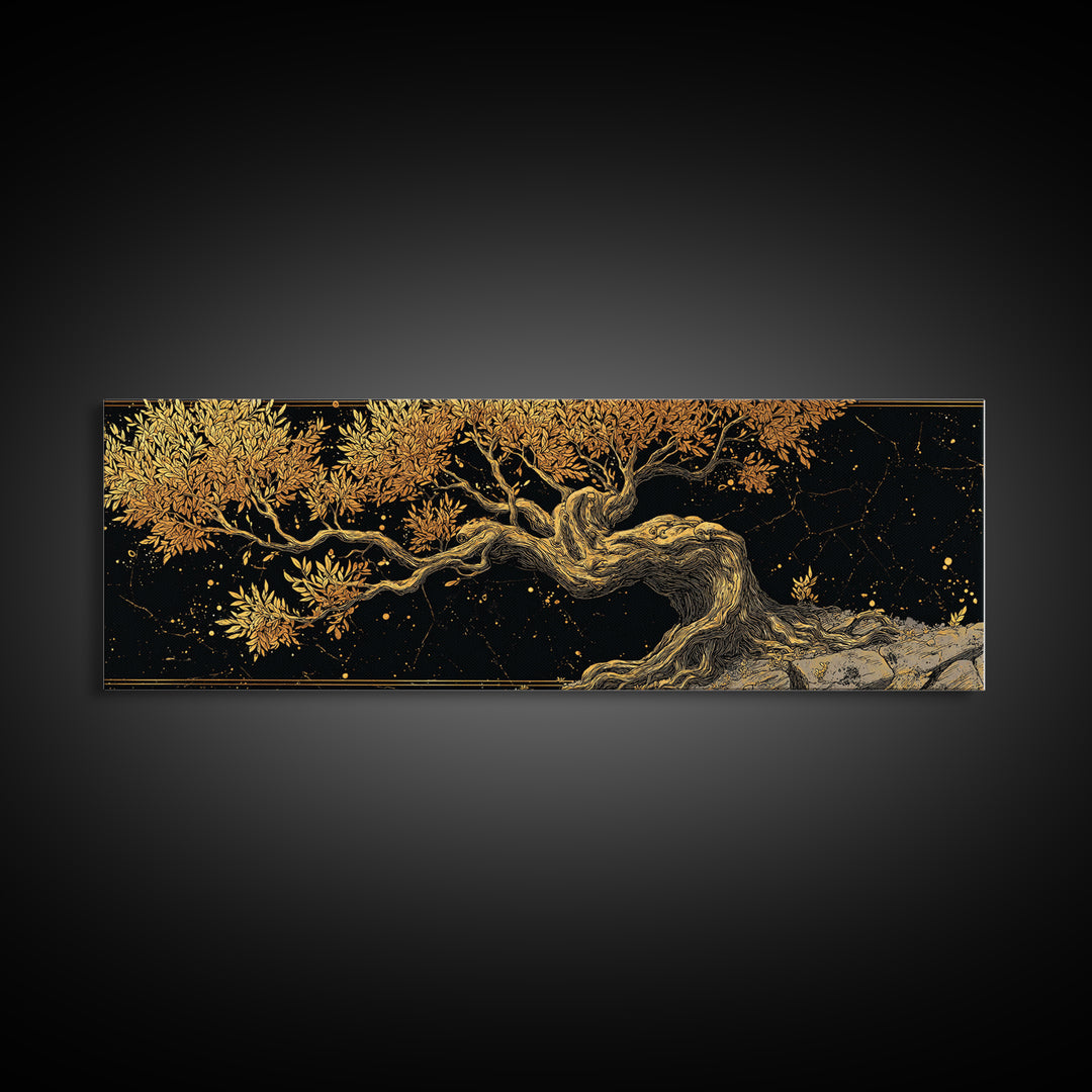 Ancient Olive Tree Artwork, Mythological Symbol Of Peace Decorative Wall Design, Gold Canvas Print, Real Wood Frame Art