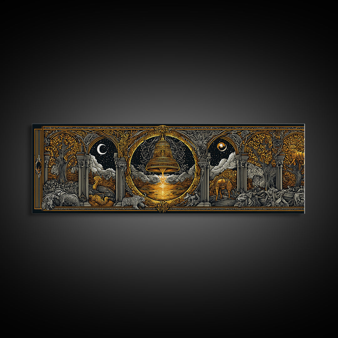 Mythological Temple Scene With Golden Bell, Classical Arches And Night Sky Artwork, Gold Canvas Print, Real Wood Frame