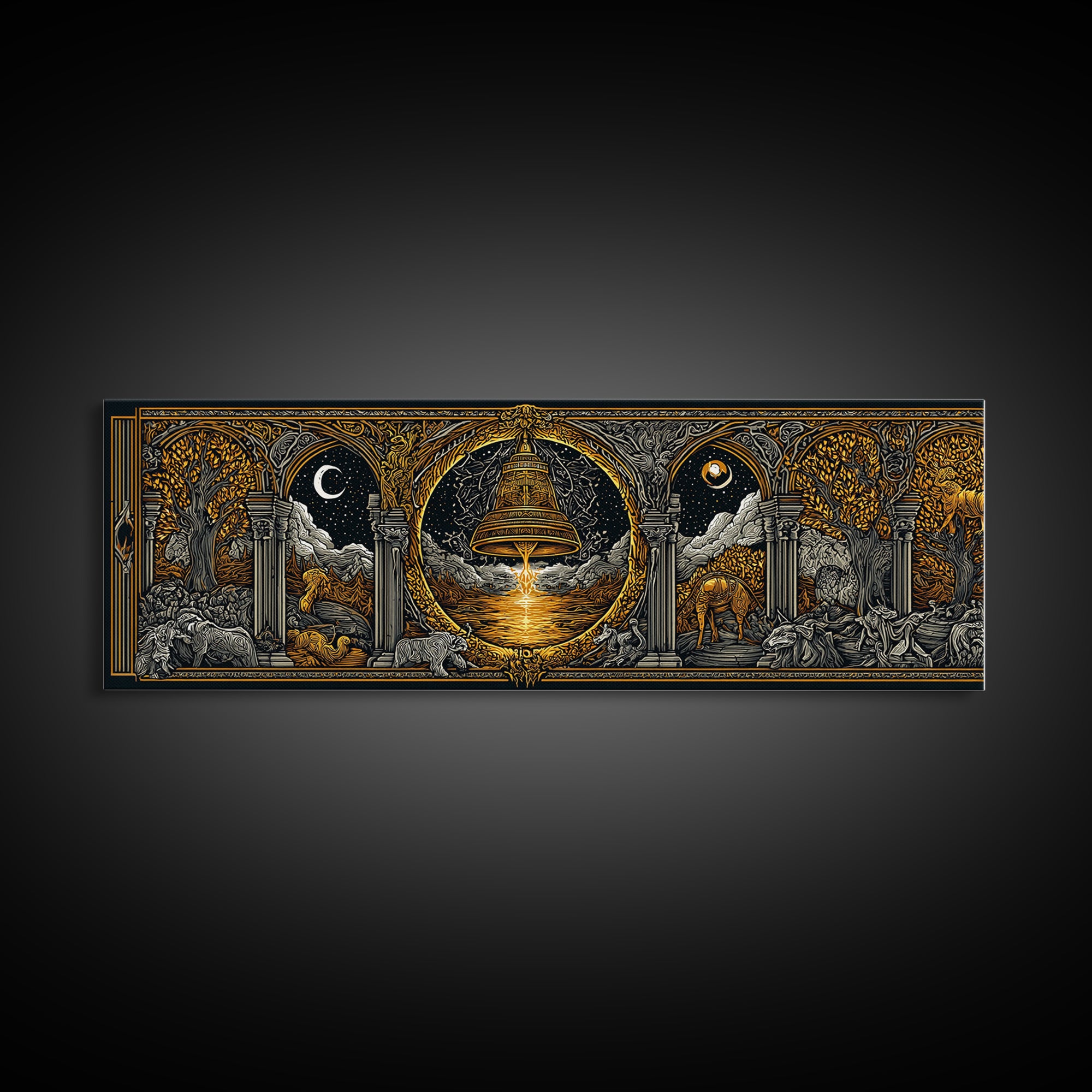 Mythological Temple Scene With Golden Bell, Classical Arches And Night Sky Artwork, Gold Canvas Print, Real Wood Frame