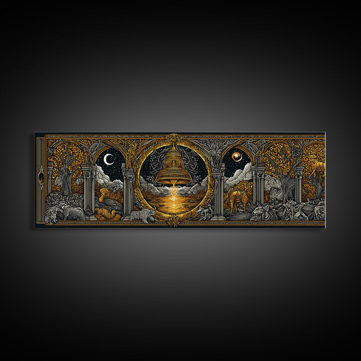 Mythological Temple Scene With Golden Bell, Classical Arches And Night Sky Artwork, Gold Canvas Print, Real Wood Frame