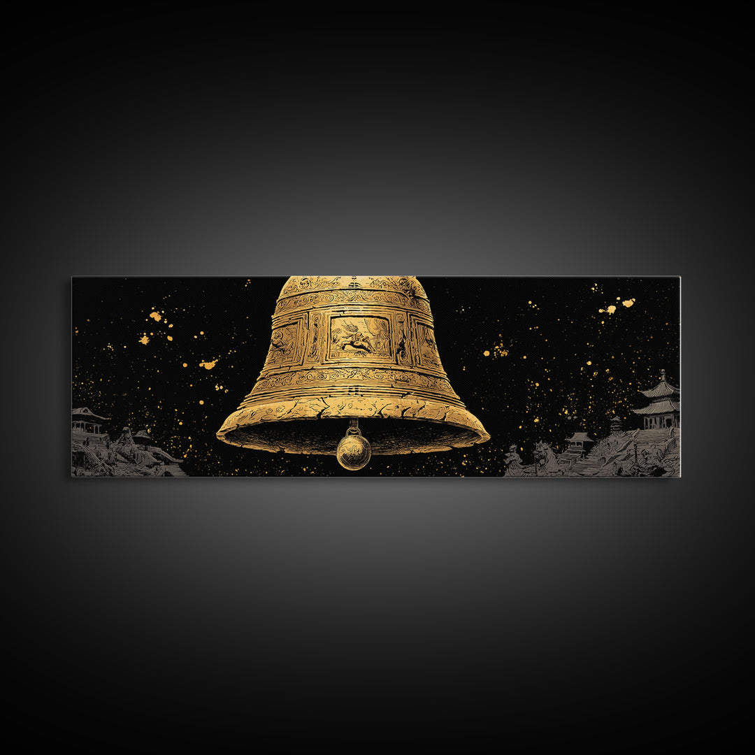 Ancient Golden Bell Artwork, Mythological Temple Scene Decorative Wall Art, Gold Canvas Print, Real Wood Frame Decor