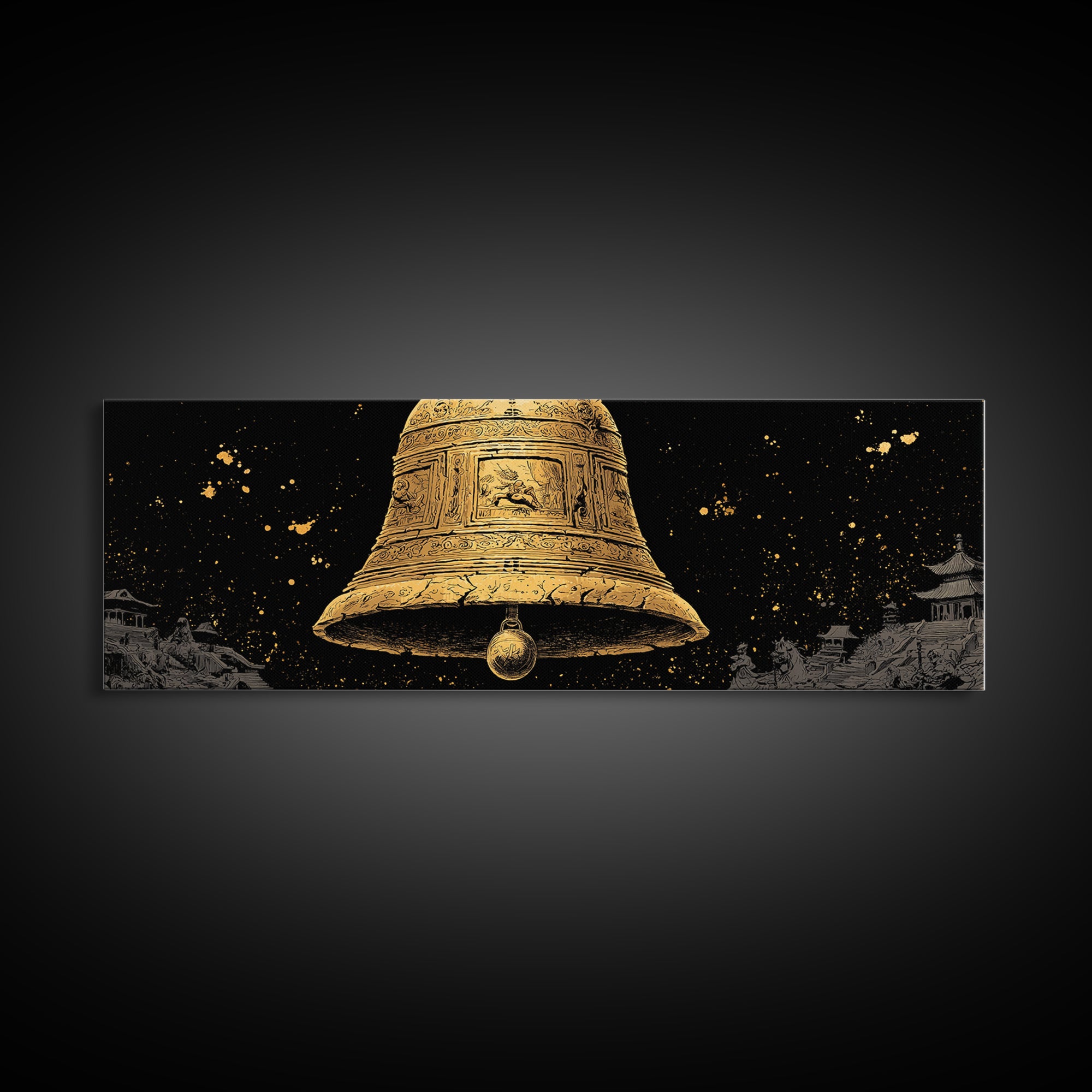 Ancient Golden Bell Artwork, Mythological Temple Scene Decorative Wall Art, Gold Canvas Print, Real Wood Frame Decor