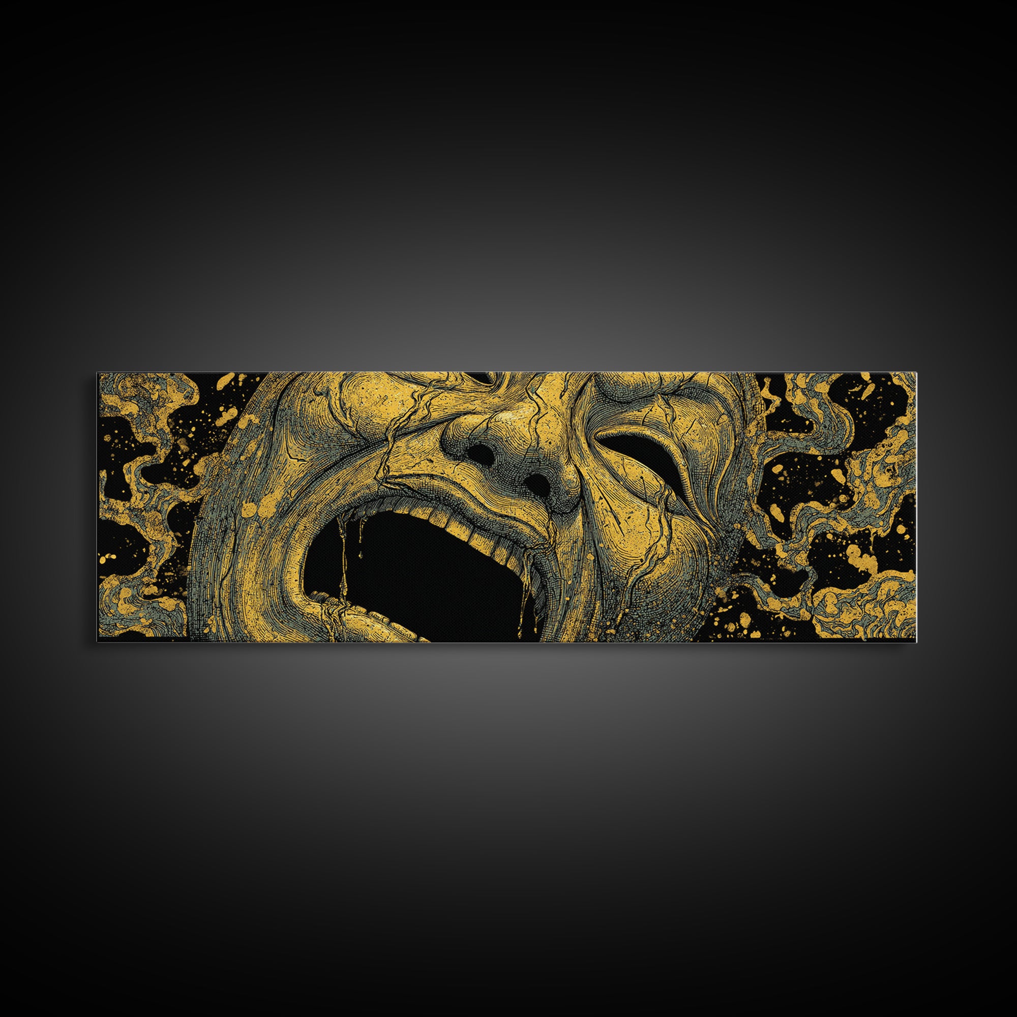 Screaming Tragedy Mask, Ancient Greek Mythological Theater Artwork, Gold Canvas Print, Real Wood Frame Wall Decor