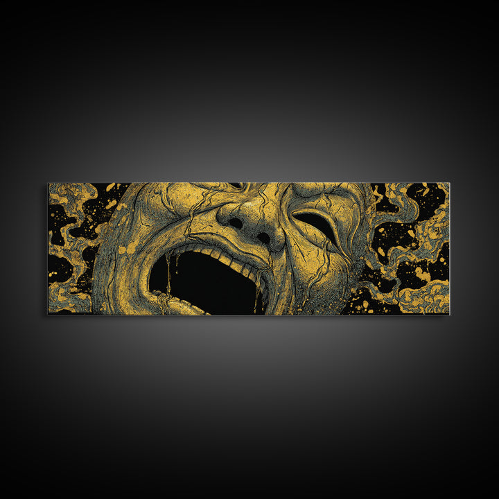 Screaming Tragedy Mask, Ancient Greek Mythological Theater Artwork, Gold Canvas Print, Real Wood Frame Wall Decor
