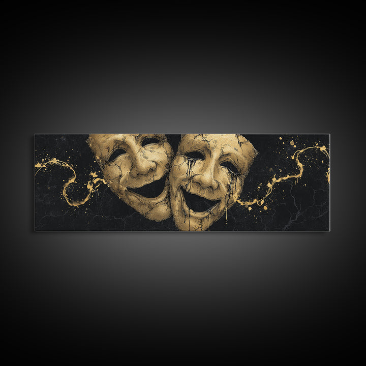 Comedy And Tragedy Masks, Ancient Greek Theater Symbolic Mythological Artwork, Gold Canvas Print, Real Wood Frame Wall Art