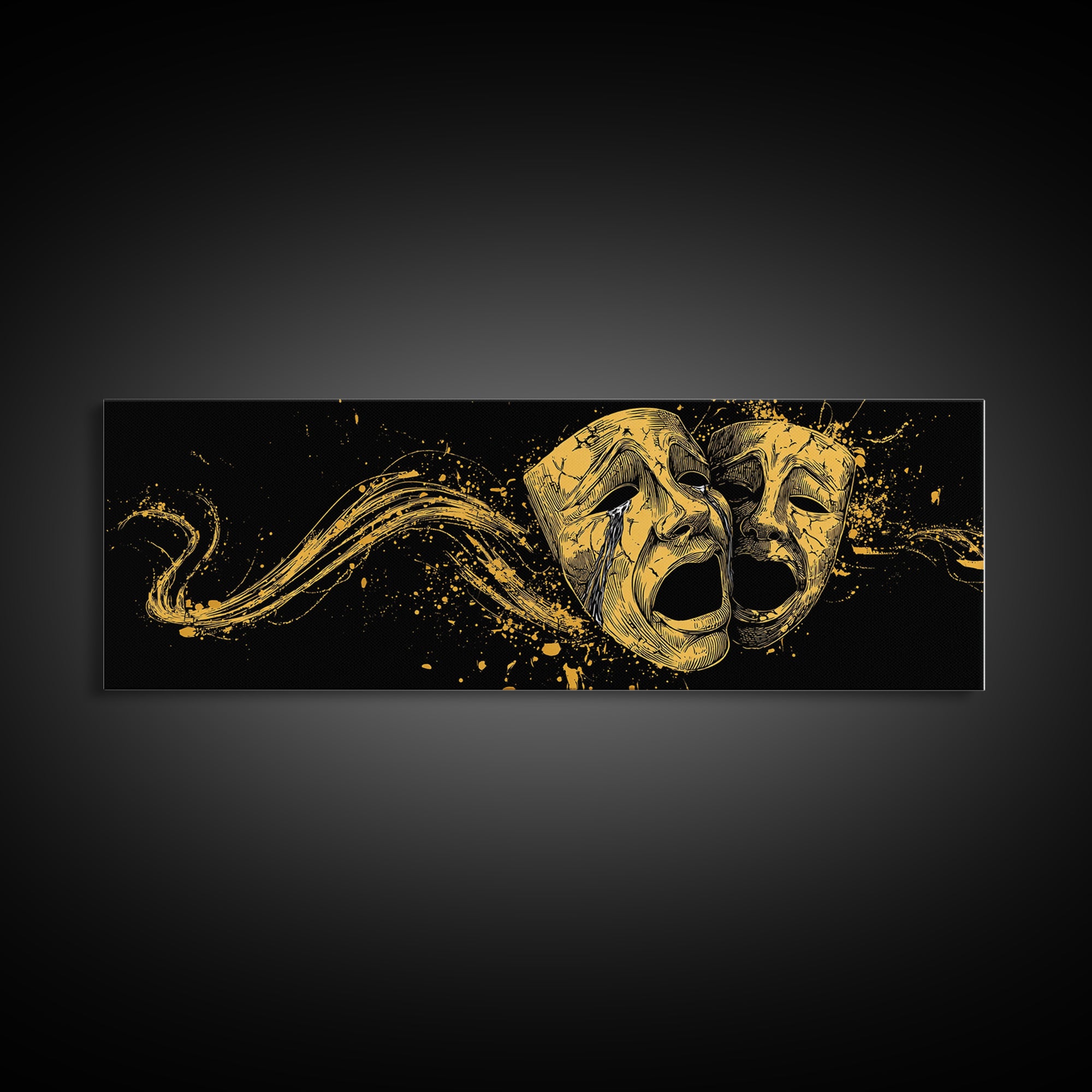 Paired Tragic Masks, Mythological Theater Symbol Decorative Wall Artwork, Gold Canvas Print, Real Wood Frame Wall Decor