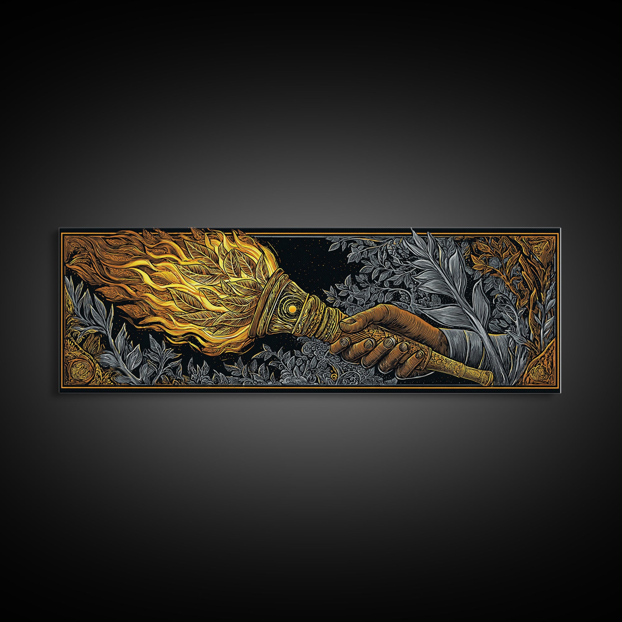 Ancient Torch Of Flames, Mythological Fire Symbol Decorative Wall Artwork, Gold Canvas Print, Real Wood Frame Wall Decor