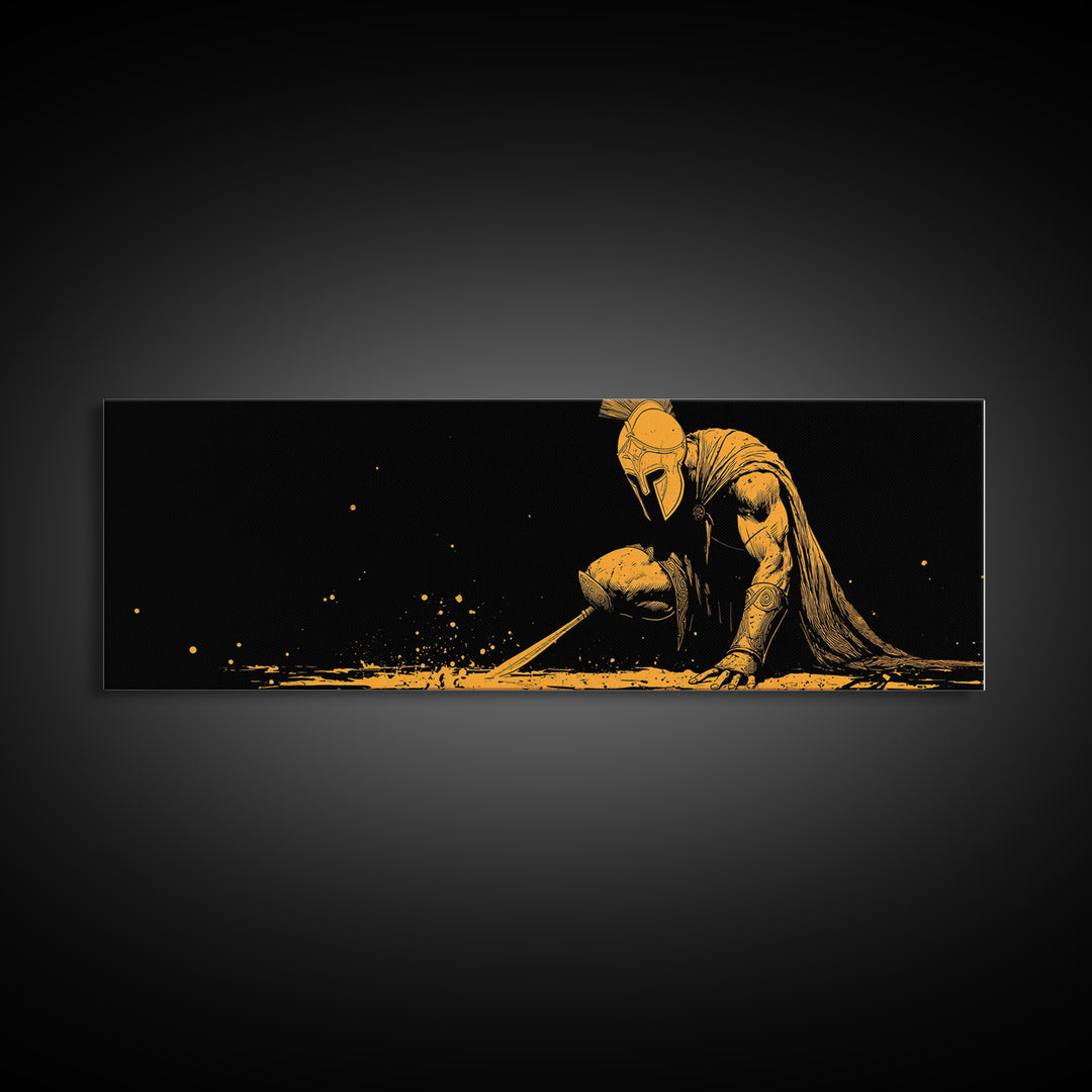 Greek Warrior Kneeling, Ancient Mythological Spartan Soldier With Spear Artwork, Gold Canvas Print, Real Wood Frame Decor