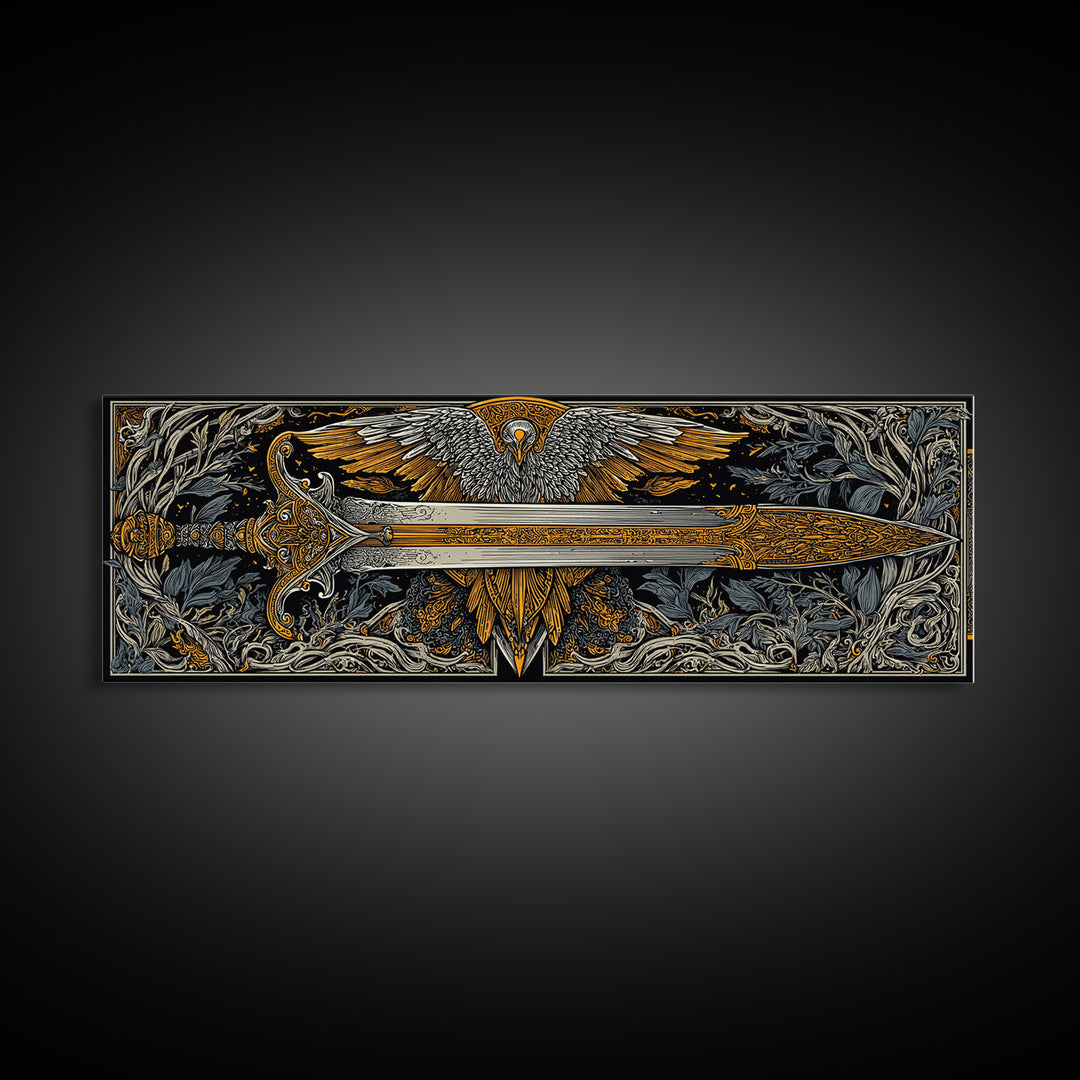 Sword With Wings, Mythological Weapon And Guardian Bird Decorative Wall Artwork, Gold Canvas Print, Real Wood Frame Art