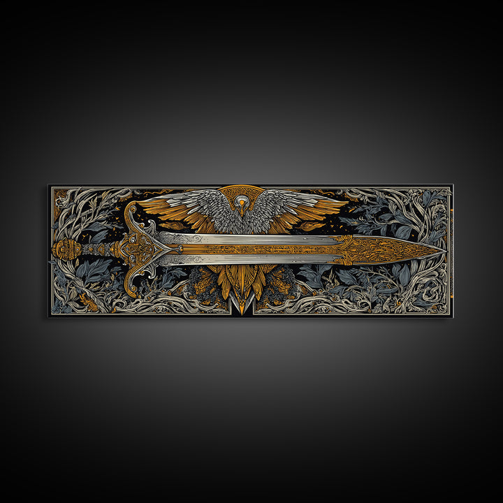 Sword With Wings, Mythological Weapon And Guardian Bird Decorative Wall Artwork, Gold Canvas Print, Real Wood Frame Art